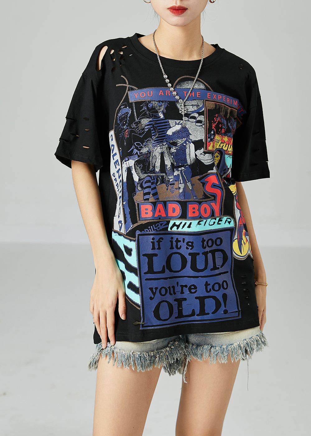 Stylish Black Oversized Hollow Out Print Cotton Tank Tops Summer LY2432 - fabuloryshop