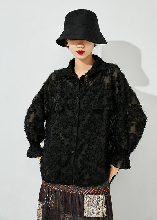 Stylish Black Oversized Jacquar Hollow Out Lace Shirt Top Spring LY0856 - fabuloryshop