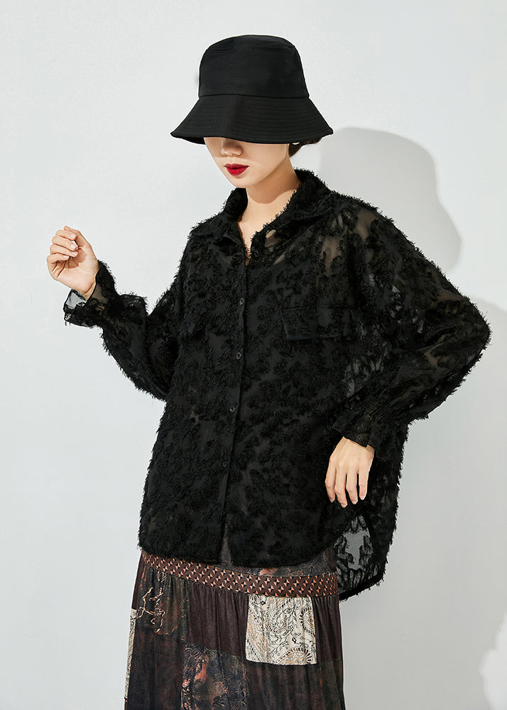 Stylish Black Oversized Jacquar Hollow Out Lace Shirt Top Spring LY0856 - fabuloryshop