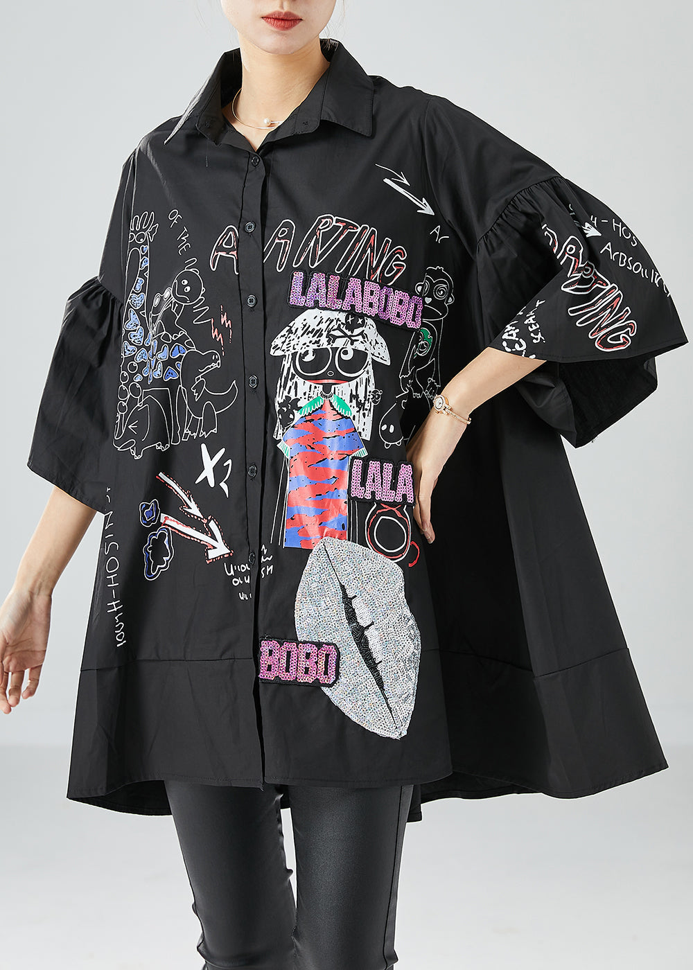 Stylish Black Oversized Patchwork Print Cotton Shirt Top Puff Sleeve LY6118 - fabuloryshop