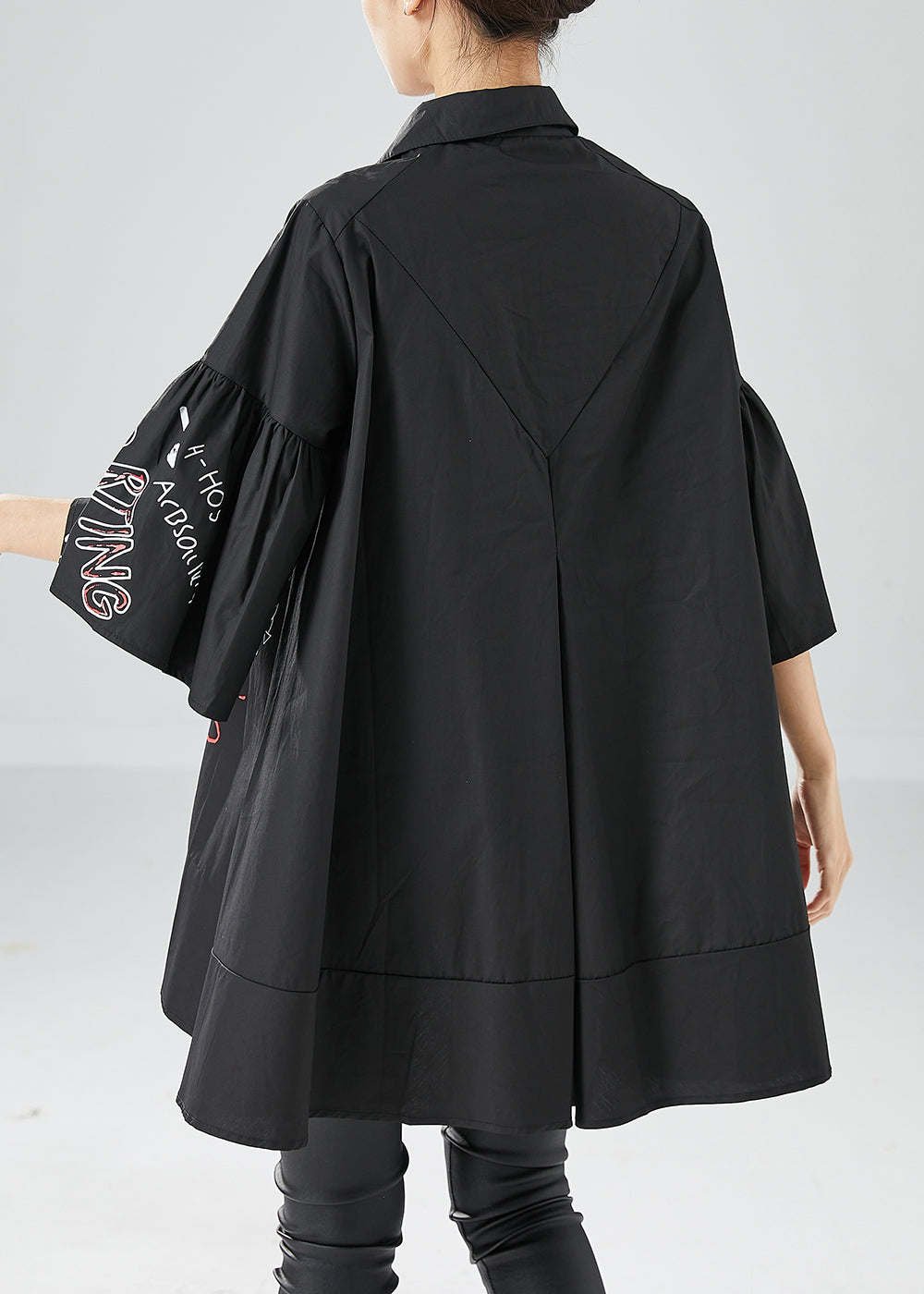 Stylish Black Oversized Patchwork Print Cotton Shirt Top Puff Sleeve LY6118 - fabuloryshop