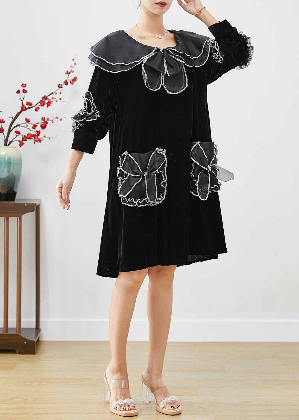 Stylish Black Oversized Patchwork Silk Velour Dress Bracelet Sleeve Ada Fashion