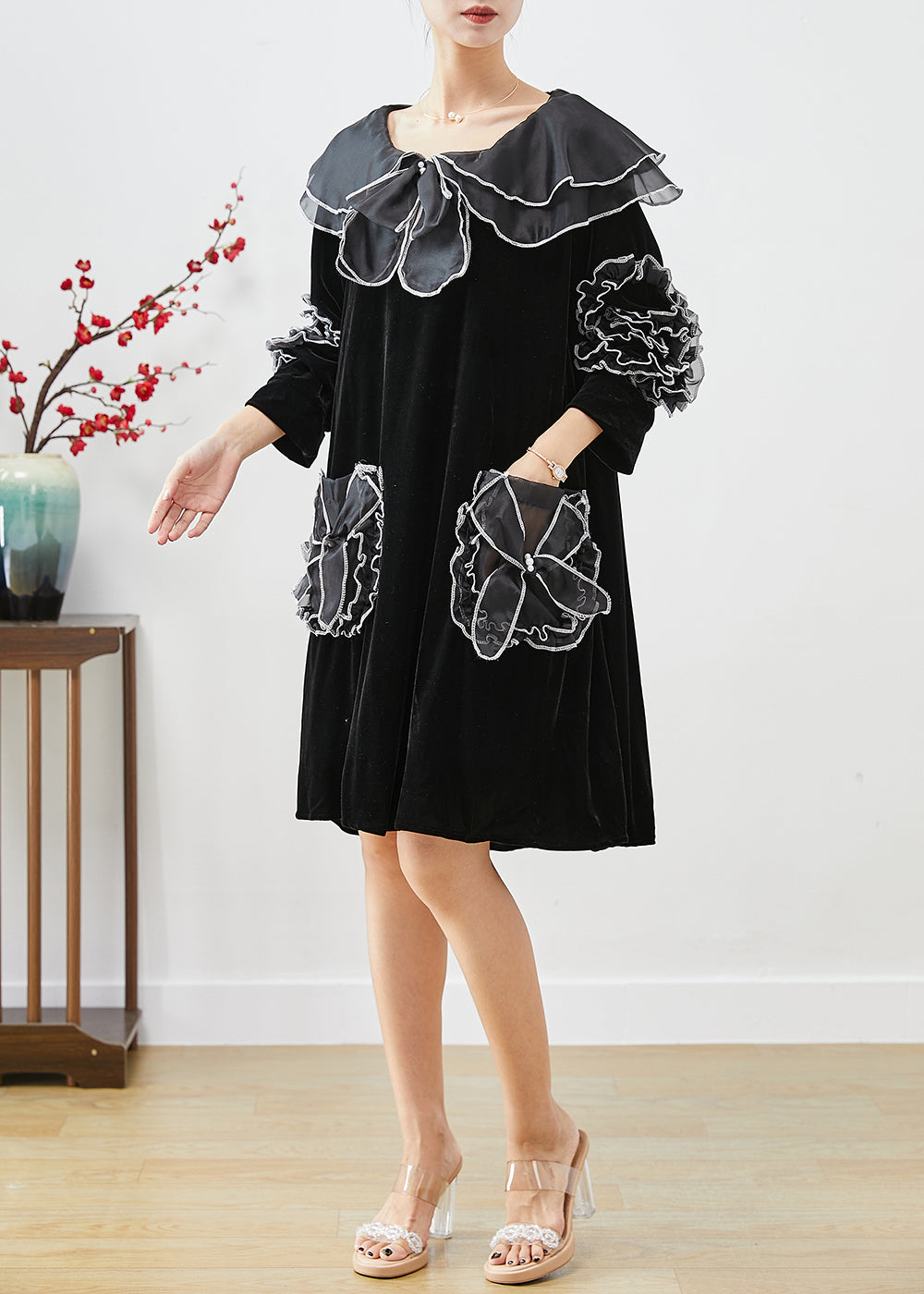 Stylish Black Oversized Patchwork Silk Velour Dress Bracelet Sleeve Ada Fashion