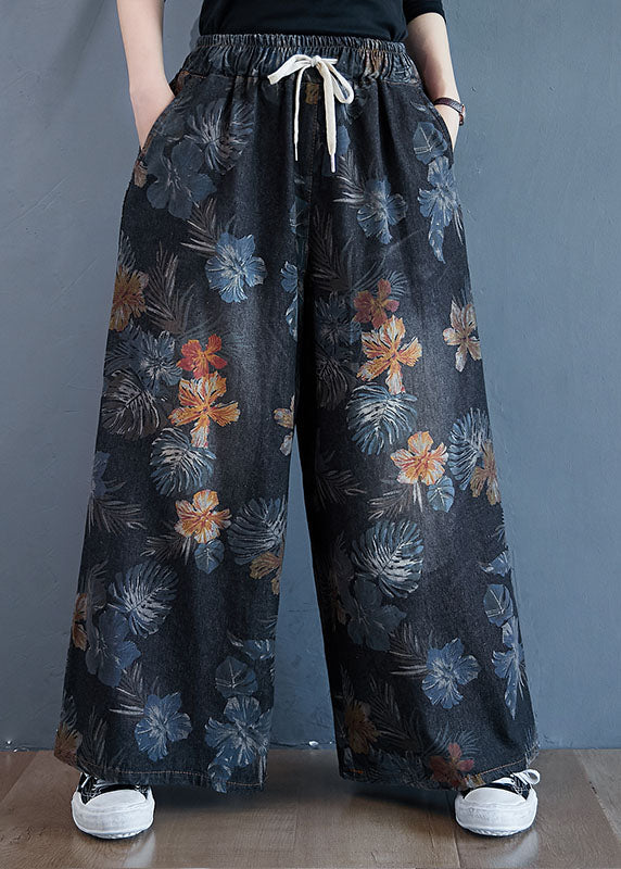 Stylish Black Oversized Print Cotton Denim Straight Pants Spring LY1539 - fabuloryshop