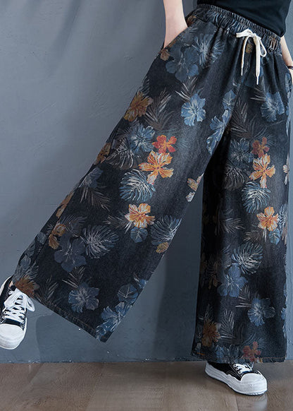 Stylish Black Oversized Print Cotton Denim Straight Pants Spring LY1539 - fabuloryshop