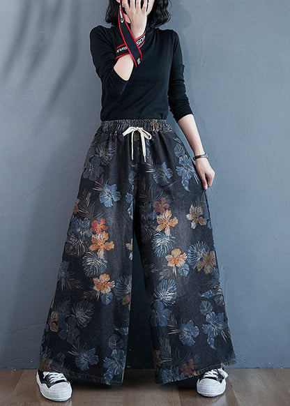 Stylish Black Oversized Print Cotton Denim Straight Pants Spring LY1539 - fabuloryshop