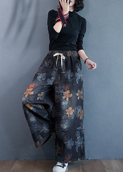 Stylish Black Oversized Print Cotton Denim Straight Pants Spring LY1539 - fabuloryshop