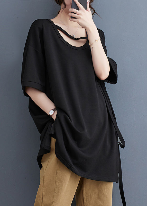 Stylish Black Oversized Side Open Cotton Long Tanks Summer LY4965 - fabuloryshop