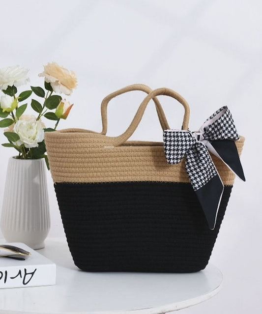 Stylish Black Patchwork Knit Fabric Cotton Beach Tote Handbag LY1373 - fabuloryshop