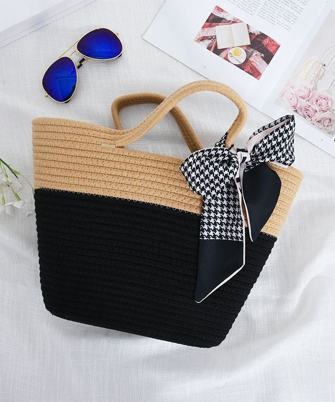 Stylish Black Patchwork Knit Fabric Cotton Beach Tote Handbag LY1373 - fabuloryshop