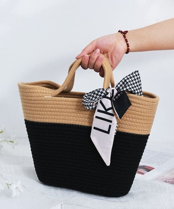 Stylish Black Patchwork Knit Fabric Cotton Beach Tote Handbag LY1373 - fabuloryshop