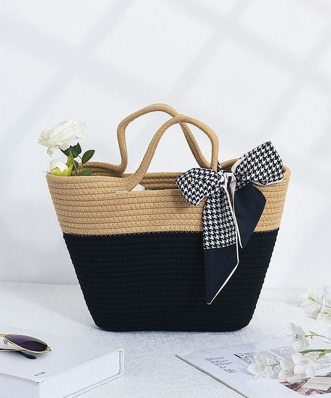 Stylish Black Patchwork Knit Fabric Cotton Beach Tote Handbag LY1373