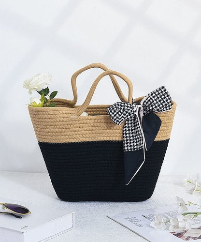 Stylish Black Patchwork Knit Fabric Cotton Beach Tote Handbag LY1373 - fabuloryshop