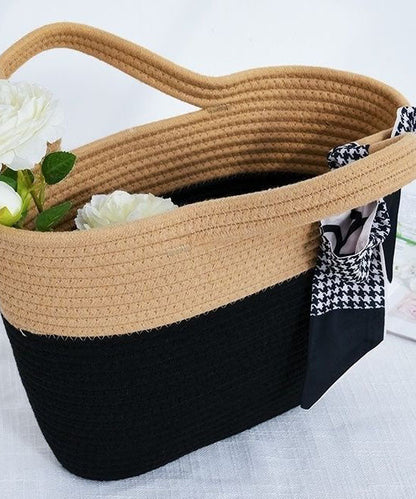 Stylish Black Patchwork Knit Fabric Cotton Beach Tote Handbag LY1373 - fabuloryshop