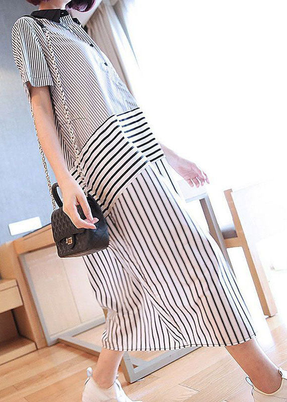 Stylish Black Peter Pan Collar Patchwork Striped Cotton Shirt Dress Summer LY1410 - fabuloryshop