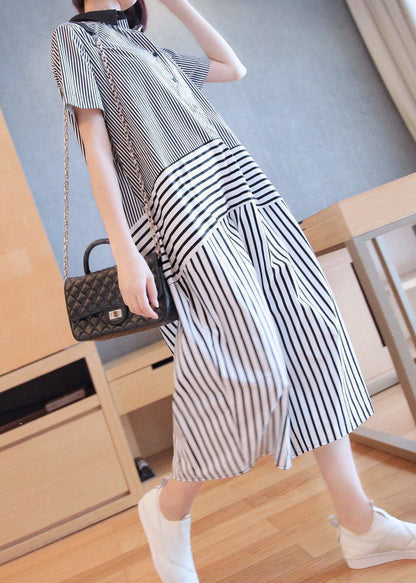 Stylish Black Peter Pan Collar Patchwork Striped Cotton Shirt Dress Summer LY1410 - fabuloryshop