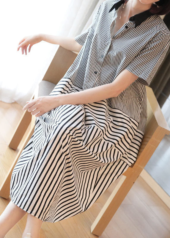 Stylish Black Peter Pan Collar Patchwork Striped Cotton Shirt Dress Summer LY1410 - fabuloryshop