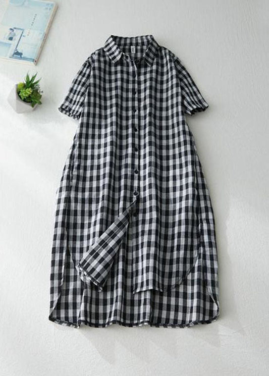 Stylish Black Peter Pan Collar Plaid Linen Shirts Dresses Summer LY0626 - fabuloryshop