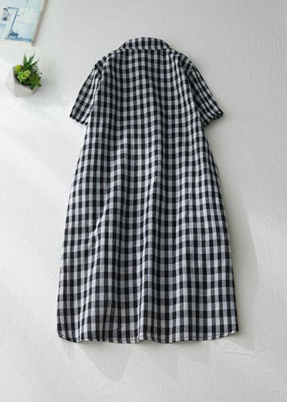 Stylish Black Peter Pan Collar Plaid Linen Shirts Dresses Summer LY0626 - fabuloryshop