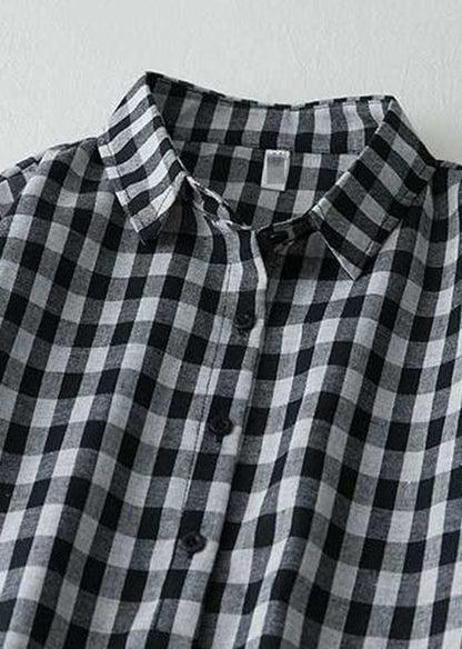 Stylish Black Peter Pan Collar Plaid Linen Shirts Dresses Summer LY0626 - fabuloryshop