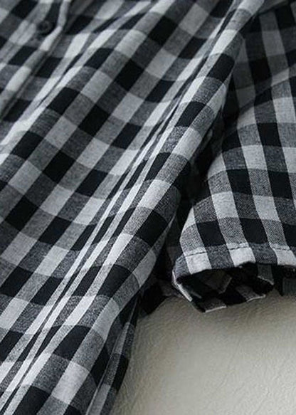 Stylish Black Peter Pan Collar Plaid Linen Shirts Dresses Summer LY0626 - fabuloryshop