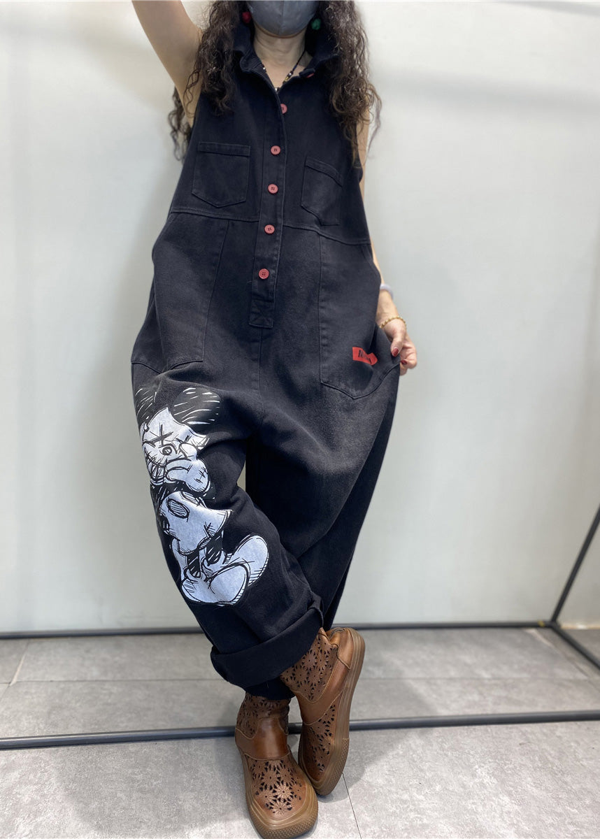 Stylish Black Peter Pan Collar Print Button Denim Jumpsuits Spring LY1275 - fabuloryshop