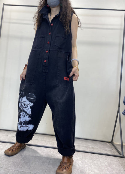 Stylish Black Peter Pan Collar Print Button Denim Jumpsuits Spring LY1275 - fabuloryshop