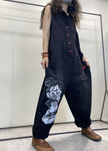 Stylish Black Peter Pan Collar Print Button Denim Jumpsuits Spring LY1275 - fabuloryshop