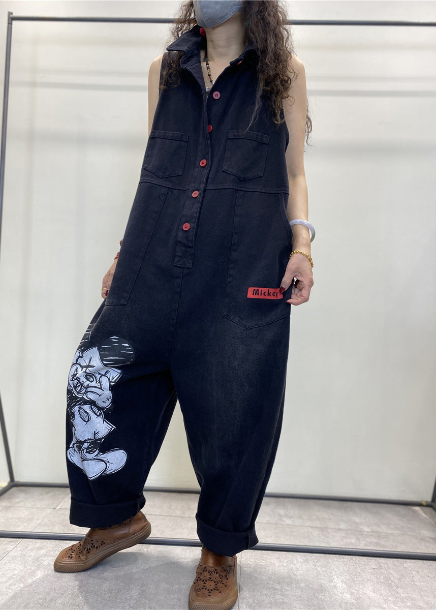 Stylish Black Peter Pan Collar Print Button Denim Jumpsuits Spring LY1275 - fabuloryshop