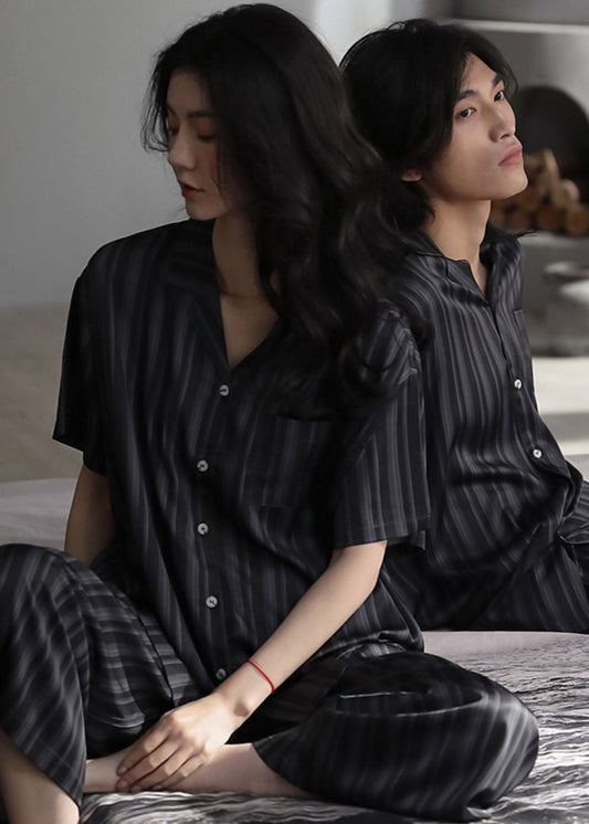 Stylish Black Peter Pan Collar Striped Button Ice Silk Couple Pajamas Two Pieces Set Summer LY2836 - fabuloryshop