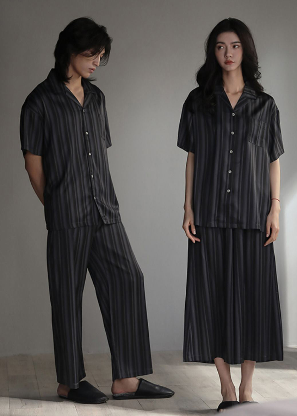 Stylish Black Peter Pan Collar Striped Button Ice Silk Couple Pajamas Two Pieces Set Summer LY2836 - fabuloryshop