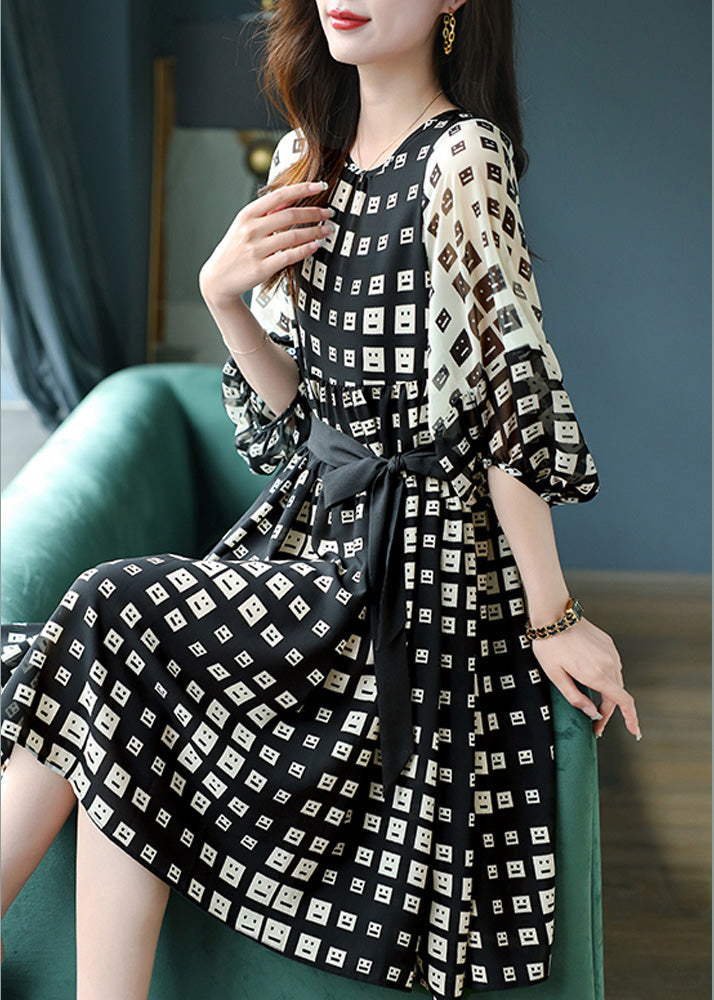 Stylish Black Print Tie Waist Silk Vacation Long Dresses Lantern Sleeve Ada Fashion