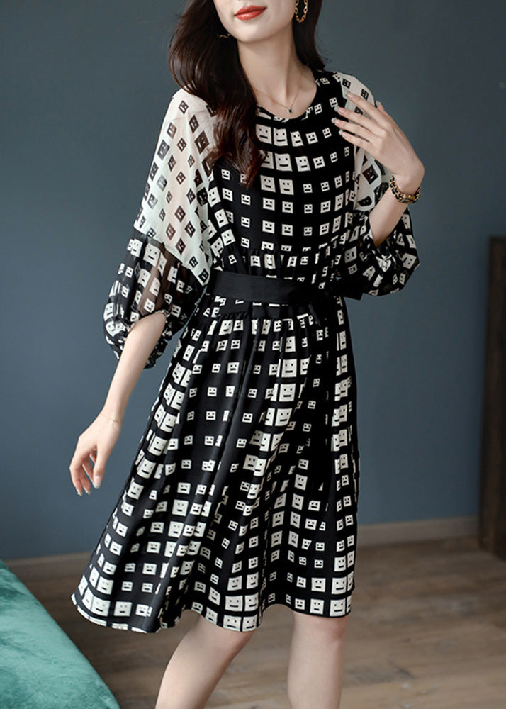 Stylish Black Print Tie Waist Silk Vacation Long Dresses Lantern Sleeve Ada Fashion