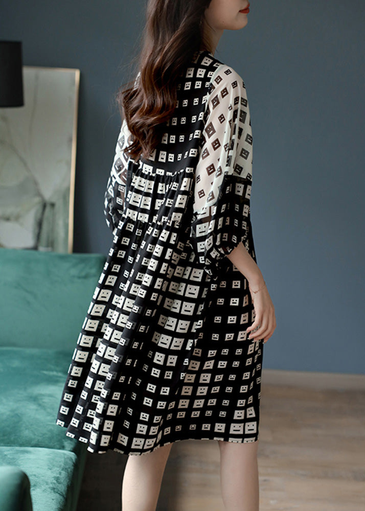 Stylish Black Print Tie Waist Silk Vacation Long Dresses Lantern Sleeve Ada Fashion