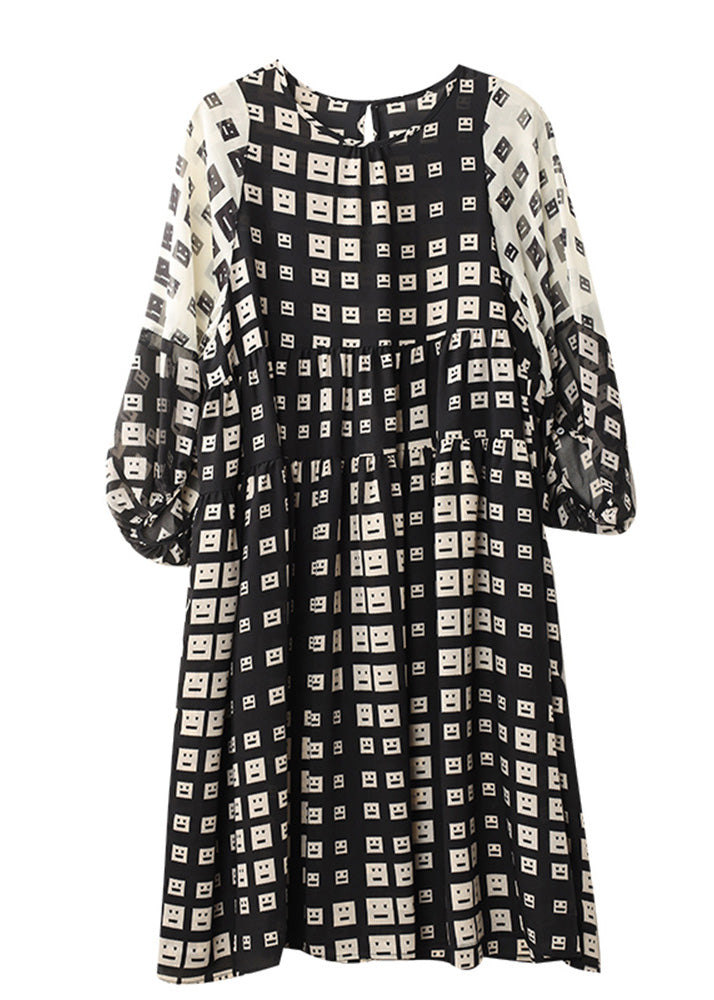 Stylish Black Print Tie Waist Silk Vacation Long Dresses Lantern Sleeve Ada Fashion