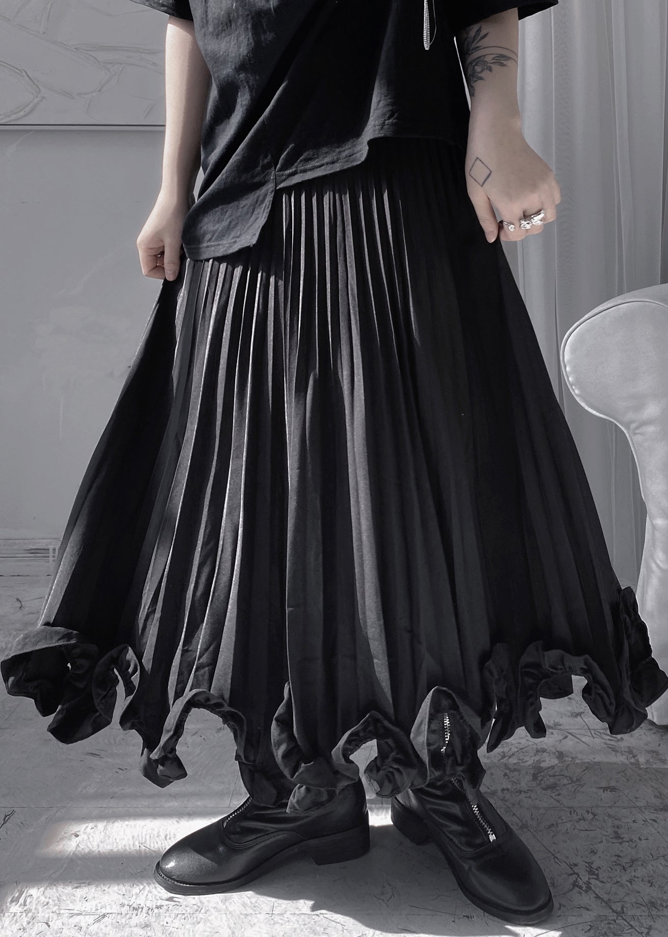 Stylish Black Ruffled Patchwork A Line Skirt Fall Ada Fashion