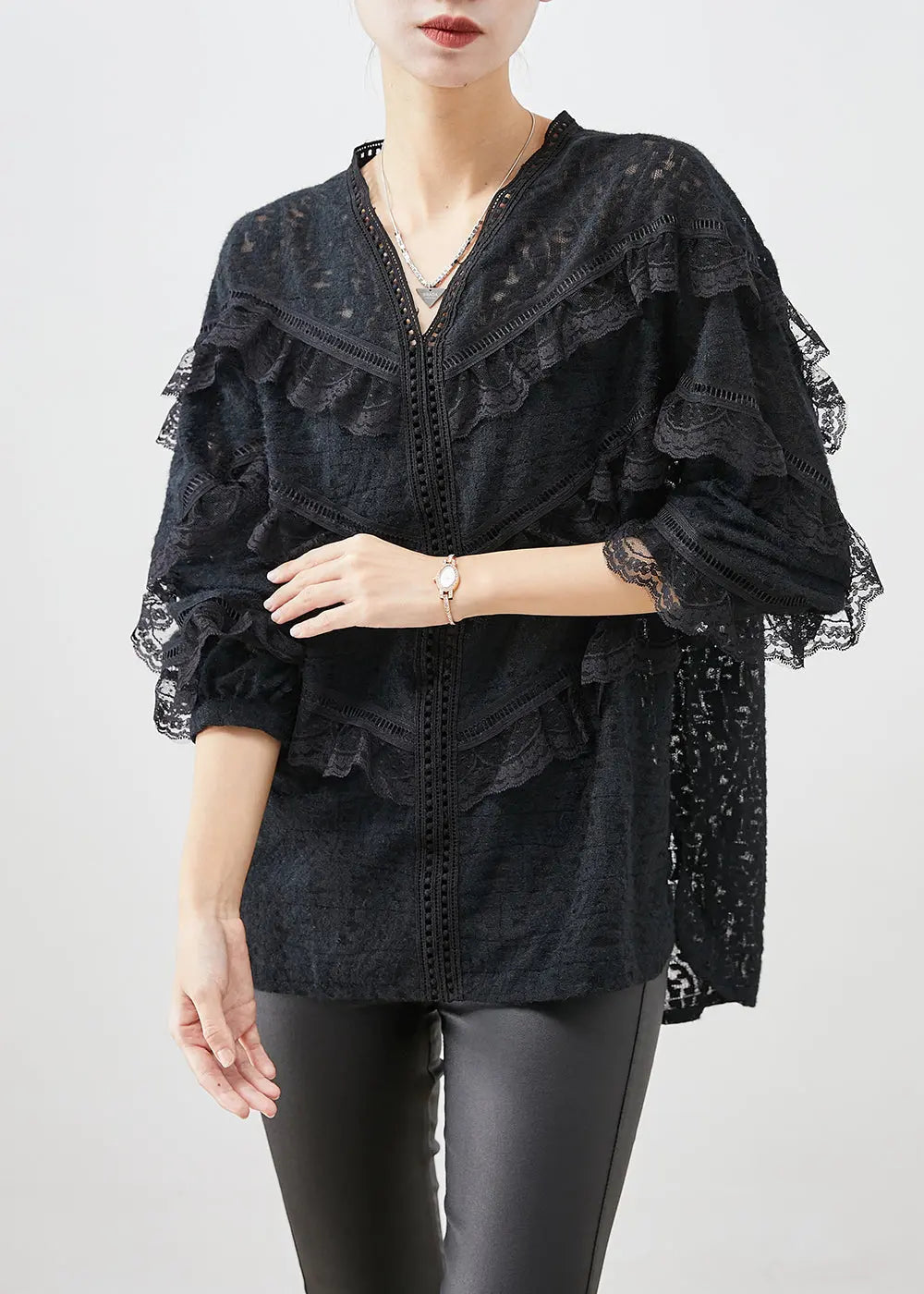 Stylish Black Ruffled Patchwork Lace Blouses Fall Ada Fashion