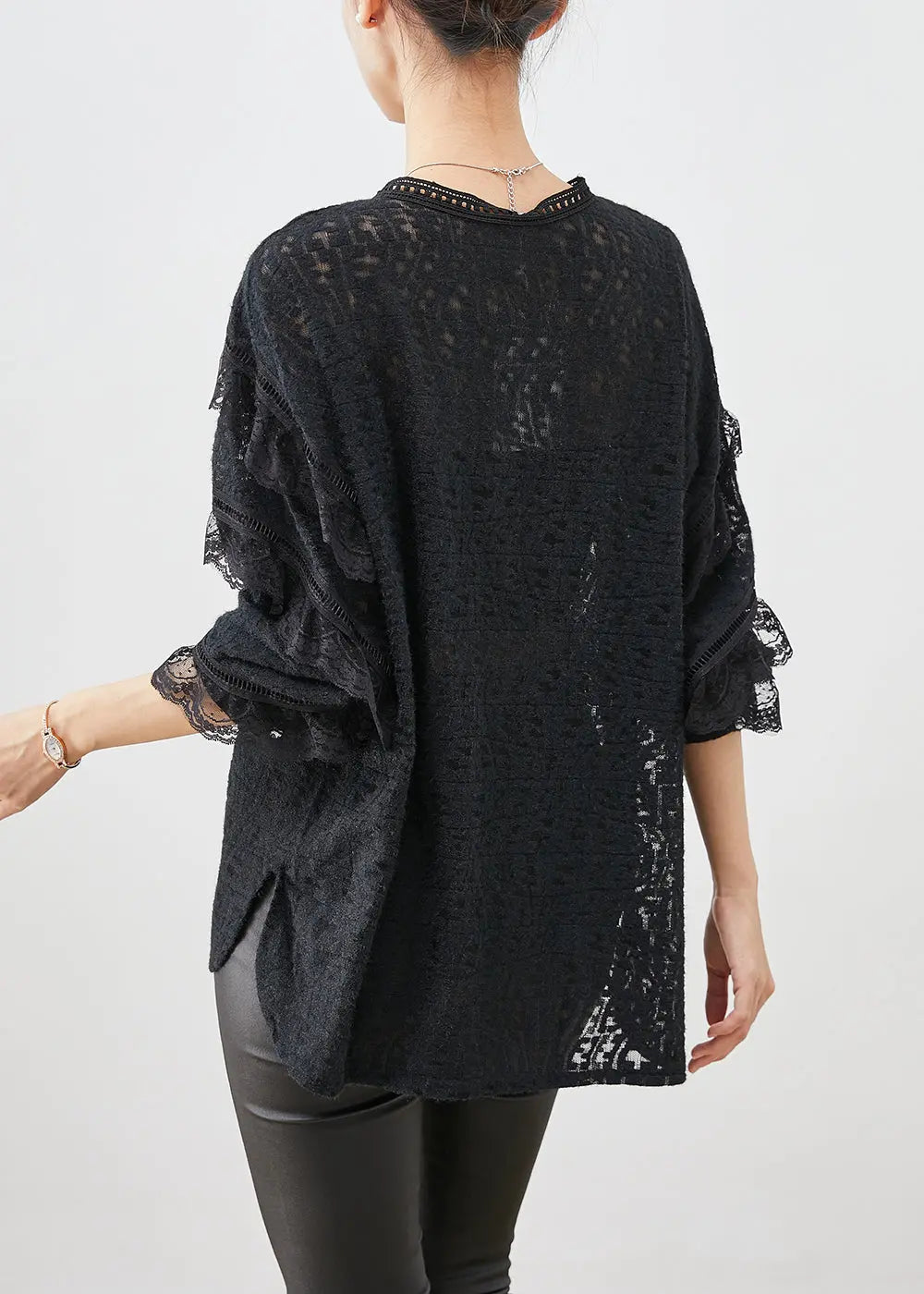 Stylish Black Ruffled Patchwork Lace Blouses Fall Ada Fashion