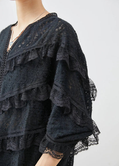 Stylish Black Ruffled Patchwork Lace Blouses Fall Ada Fashion