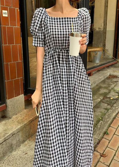 Stylish Black Square Collar Plaid Patchwork Cotton Dress Summer LY2574 - fabuloryshop