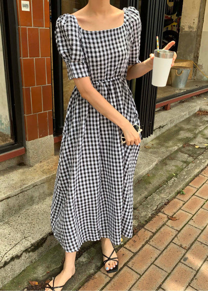 Stylish Black Square Collar Plaid Patchwork Cotton Dress Summer LY2574 - fabuloryshop