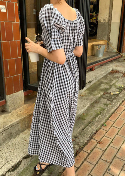 Stylish Black Square Collar Plaid Patchwork Cotton Dress Summer LY2574 - fabuloryshop