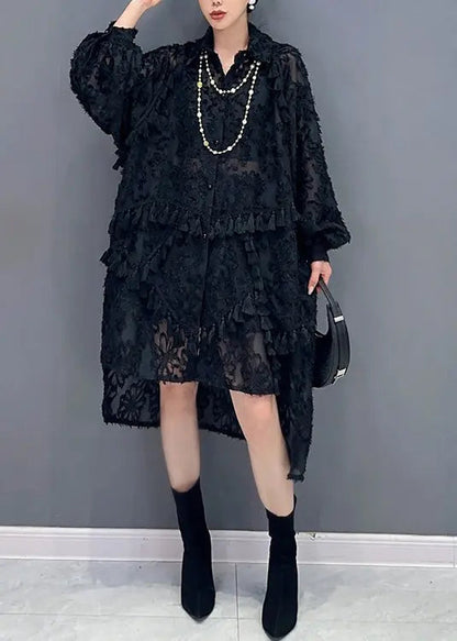 Stylish Black Tasseled Low High Design Patchwork Tulle Dress Fall Ada Fashion