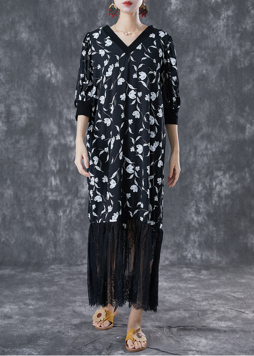Stylish Black V Neck Lace Patchwork Print Chiffon Dresses Summer TA1062