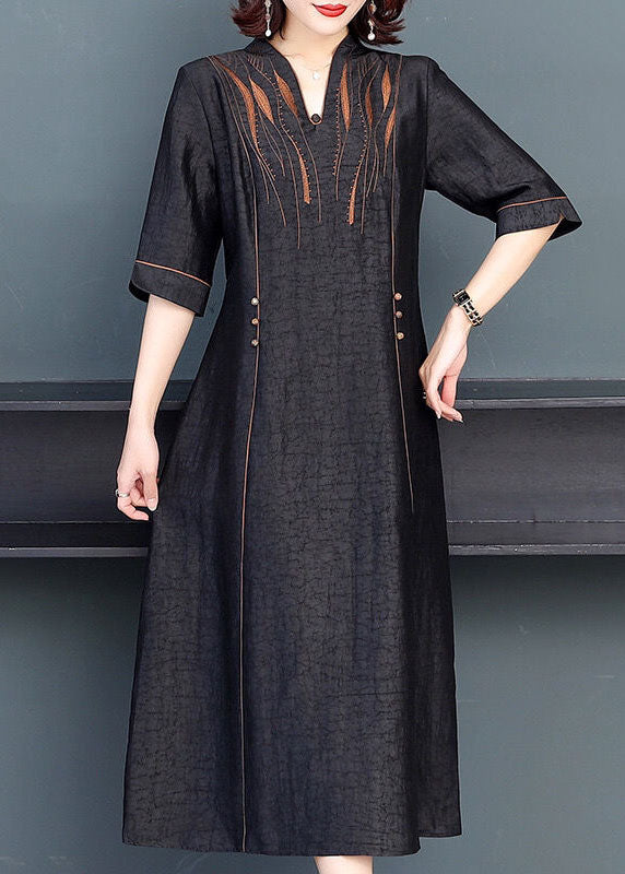 Stylish Black V Neck Patchwork Embroideried Silk Maxi Dresses Summer LY2232 - fabuloryshop