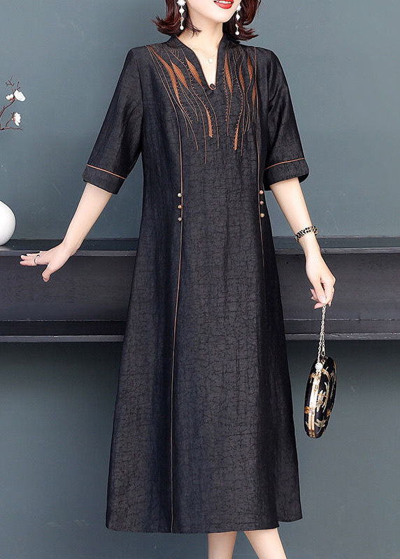 Stylish Black V Neck Patchwork Embroideried Silk Maxi Dresses Summer LY2232 - fabuloryshop