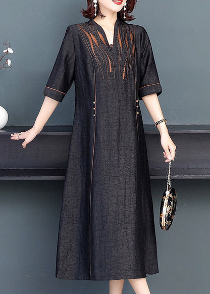 Stylish Black V Neck Patchwork Embroideried Silk Maxi Dresses Summer LY2232 - fabuloryshop