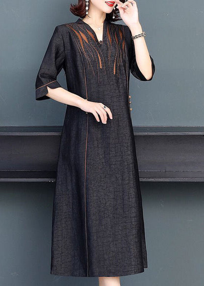 Stylish Black V Neck Patchwork Embroideried Silk Maxi Dresses Summer LY2232 - fabuloryshop