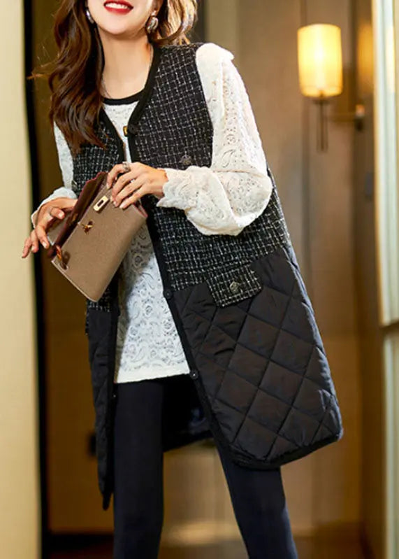 Stylish Black V Neck Patchwork Fleece Waistcoat Sleeveless Ada Fashion