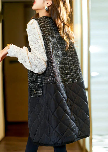 Stylish Black V Neck Patchwork Fleece Waistcoat Sleeveless Ada Fashion